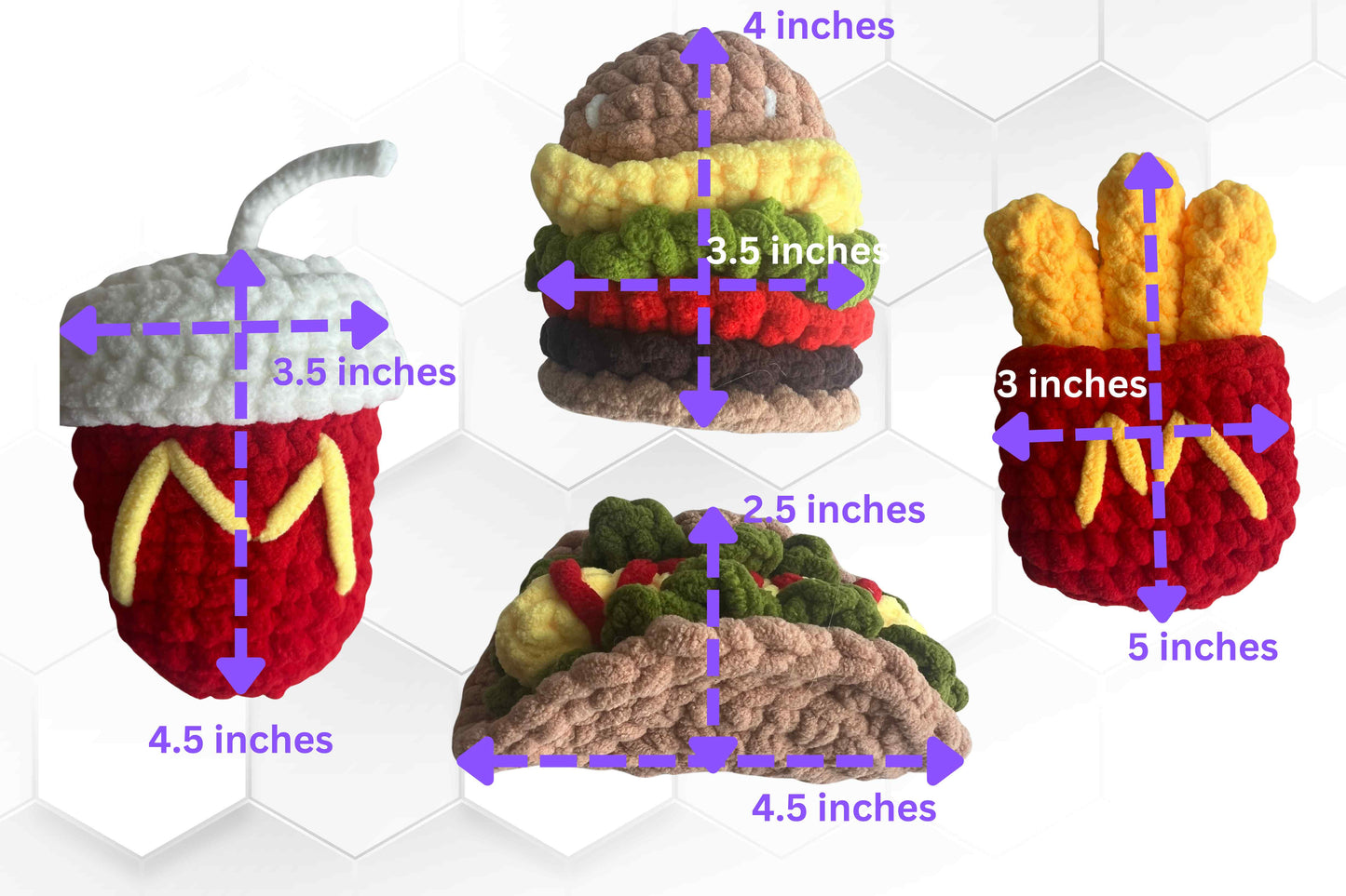 Crochet Fast Food Toy Set - Velvet Yarn Burger, Fries, Hot Dog