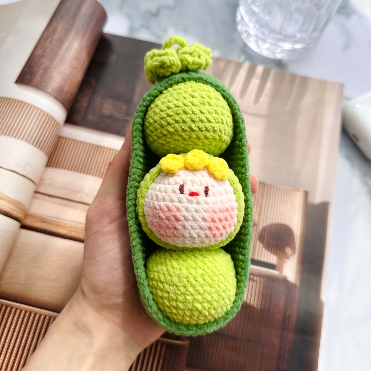 Crochet Pea Pod Plushie with Removable Peas
