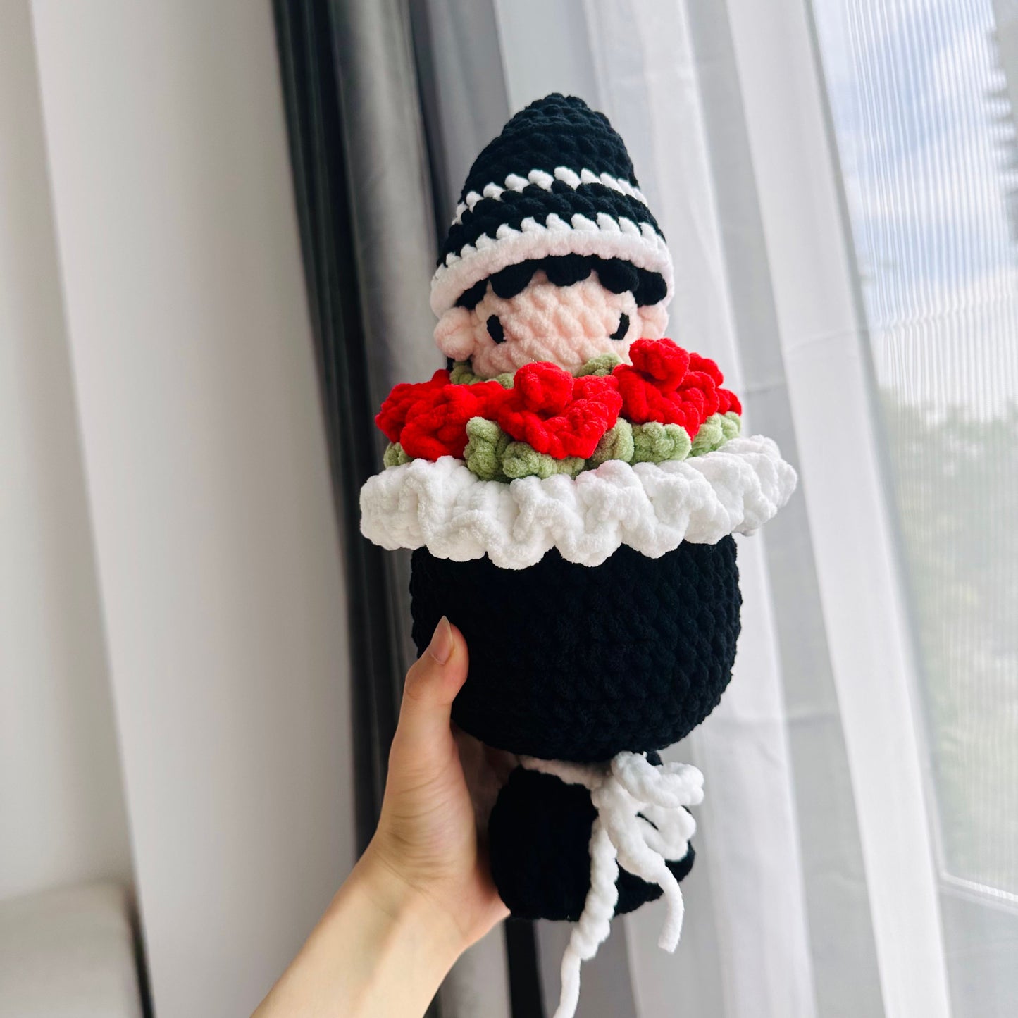 Crochet Doll with Roses Velvet Plush Bouquet