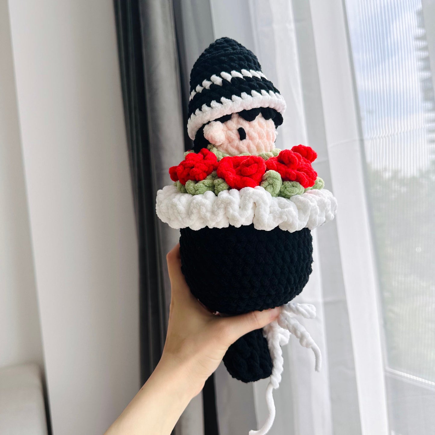 Crochet Doll with Roses Velvet Plush Bouquet