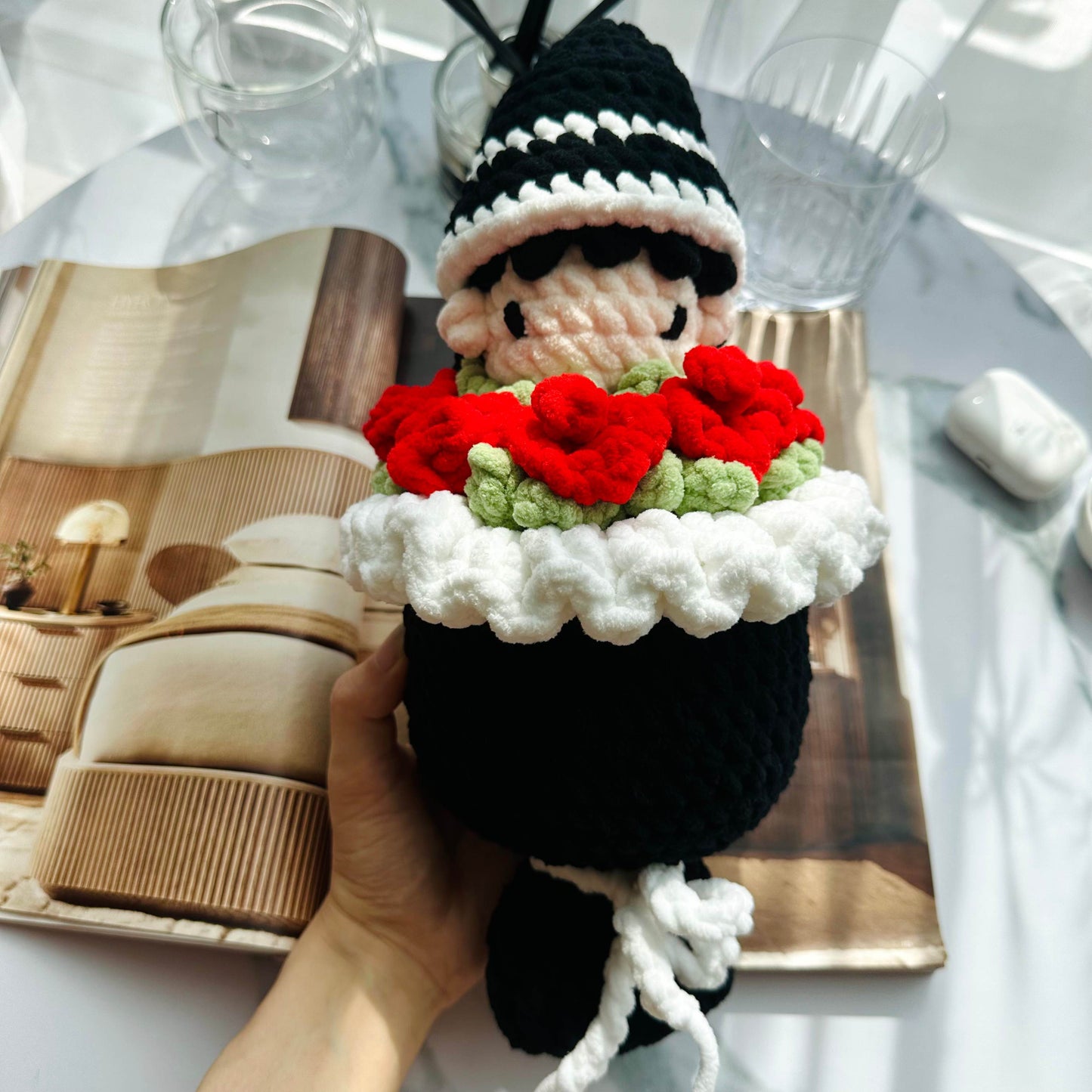Crochet Doll with Roses Velvet Plush Bouquet