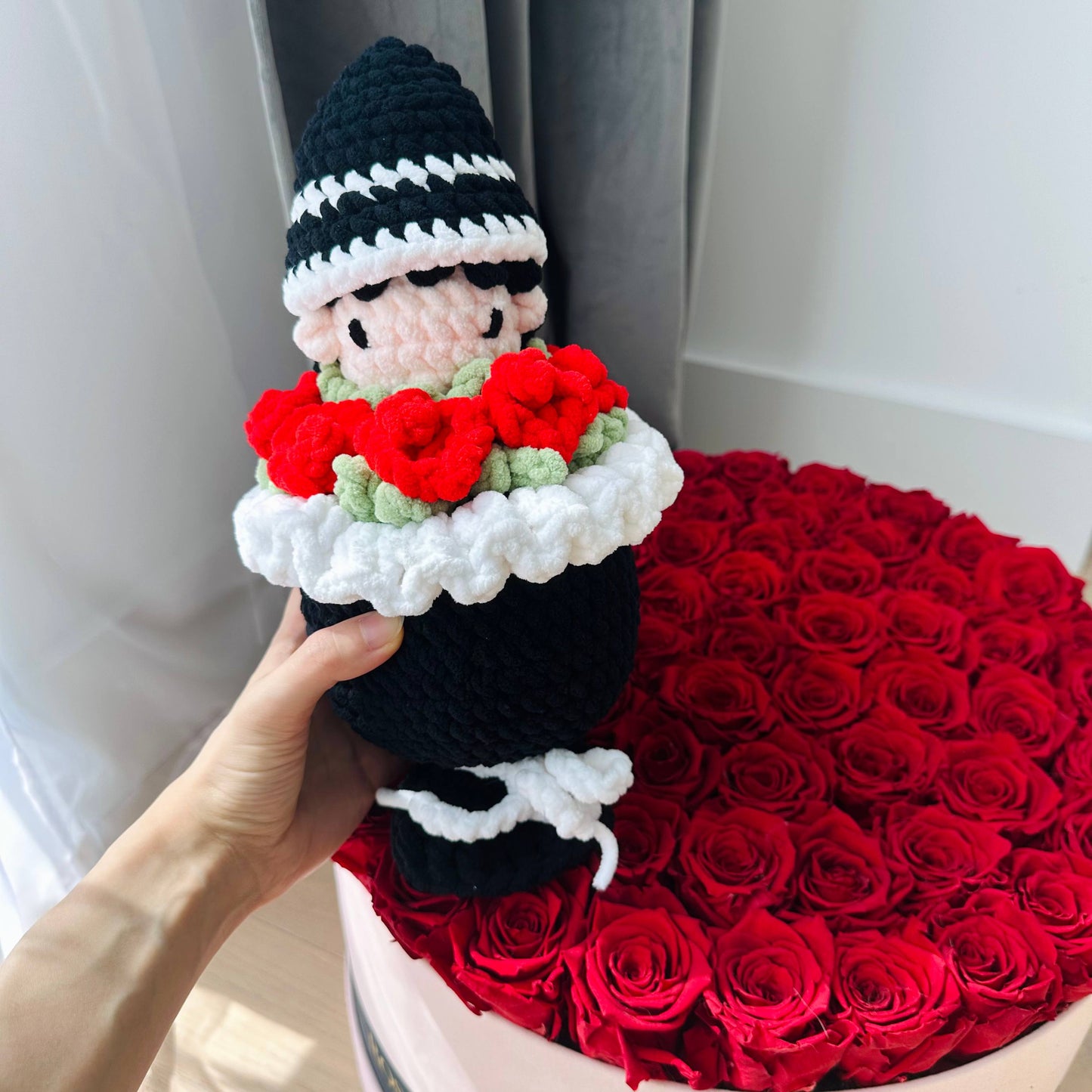 Crochet Doll with Roses Velvet Plush Bouquet