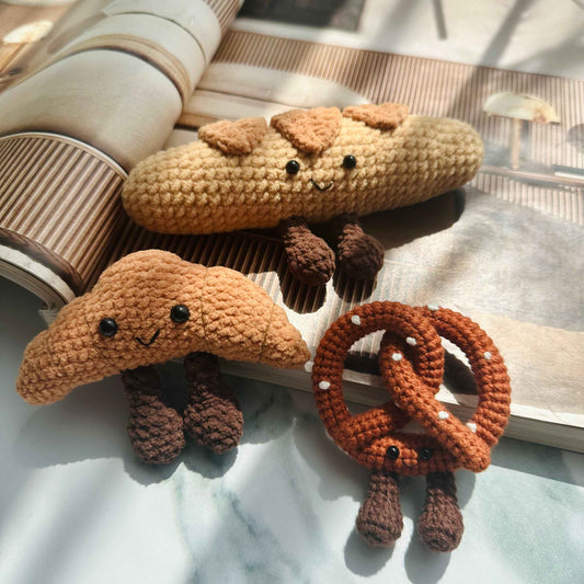 Kawaii Plush Food Charm - Croissant, Baguette and Pretzel Keychain