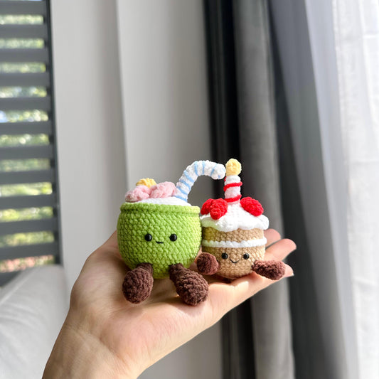 Crochet Coconut Drink & Birthday Cake Keychain Set