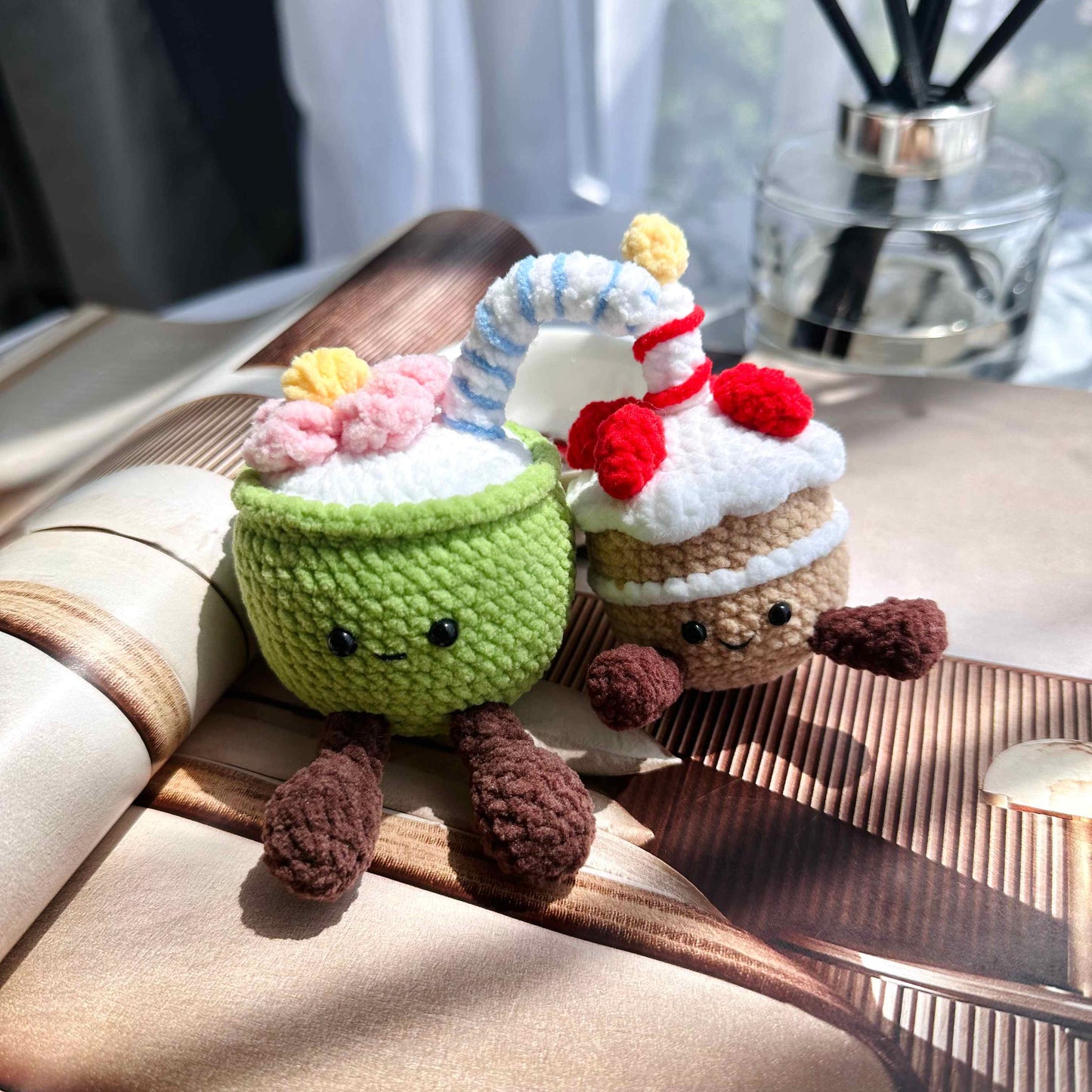 Crochet Coconut Drink & Birthday Cake Keychain Set