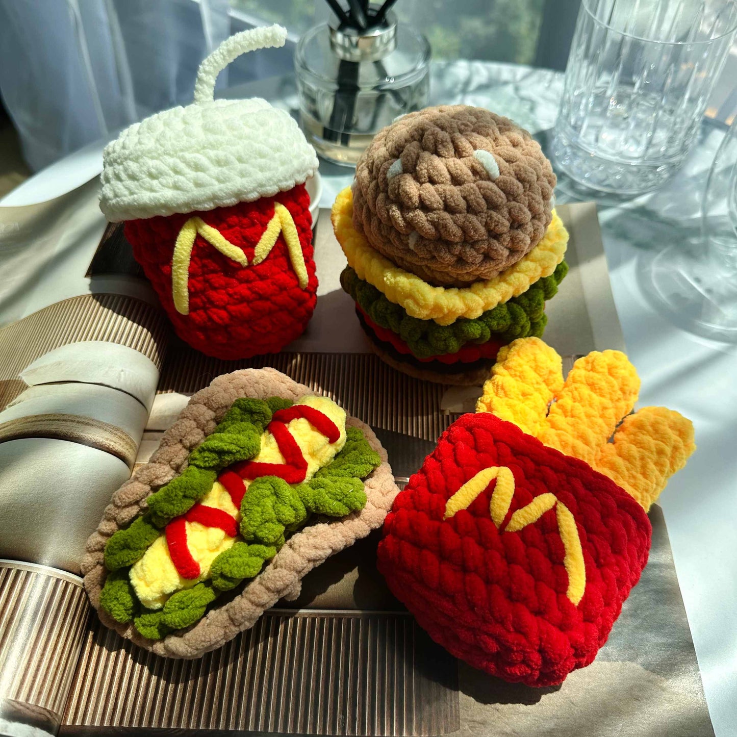 Crochet Fast Food Toy Set - Velvet Yarn Burger, Fries, Hot Dog