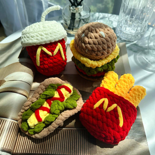 Crochet Fast Food Toy Set - Velvet Yarn Burger, Fries, Hot Dog