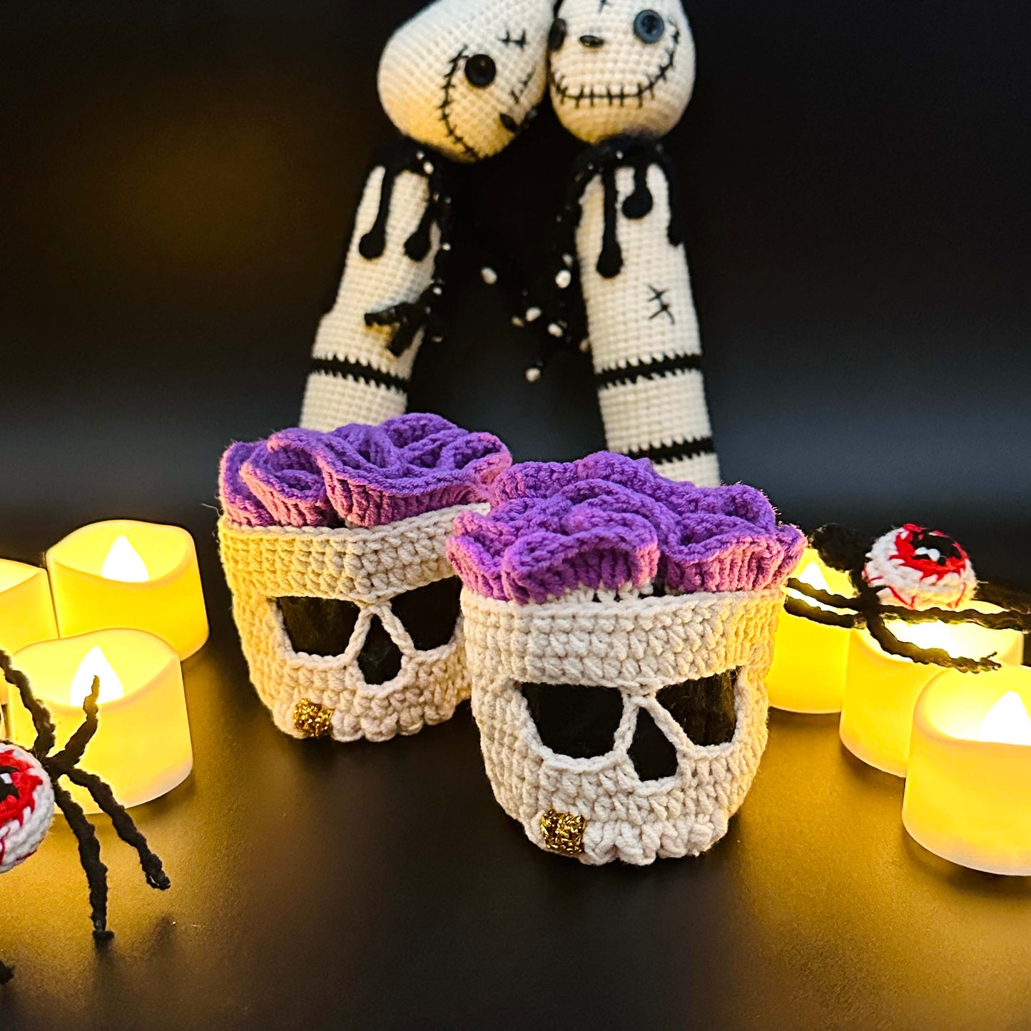 Handmade Halloween Skull Candle Holder with Brain Lid and Crochet Skull Coasters