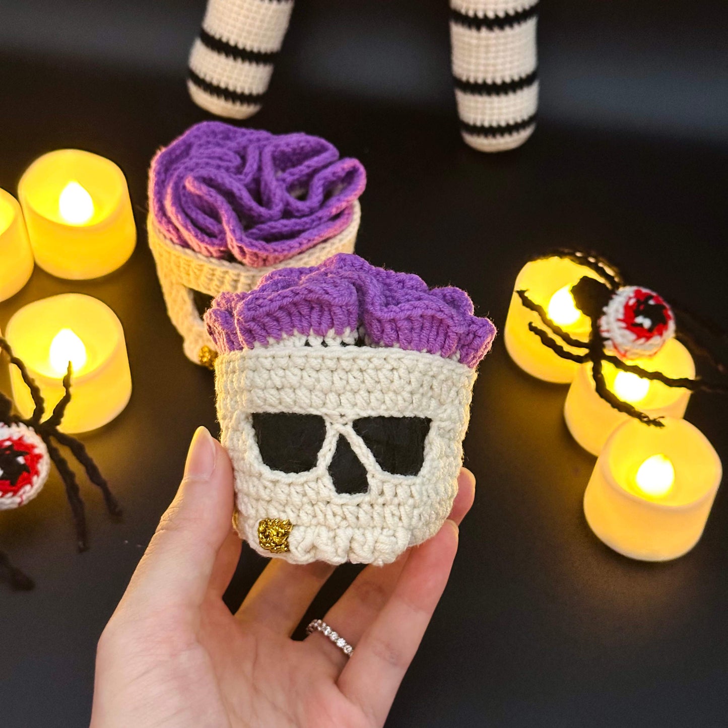 Handmade Halloween Skull Candle Holder with Brain Lid and Crochet Skull Coasters
