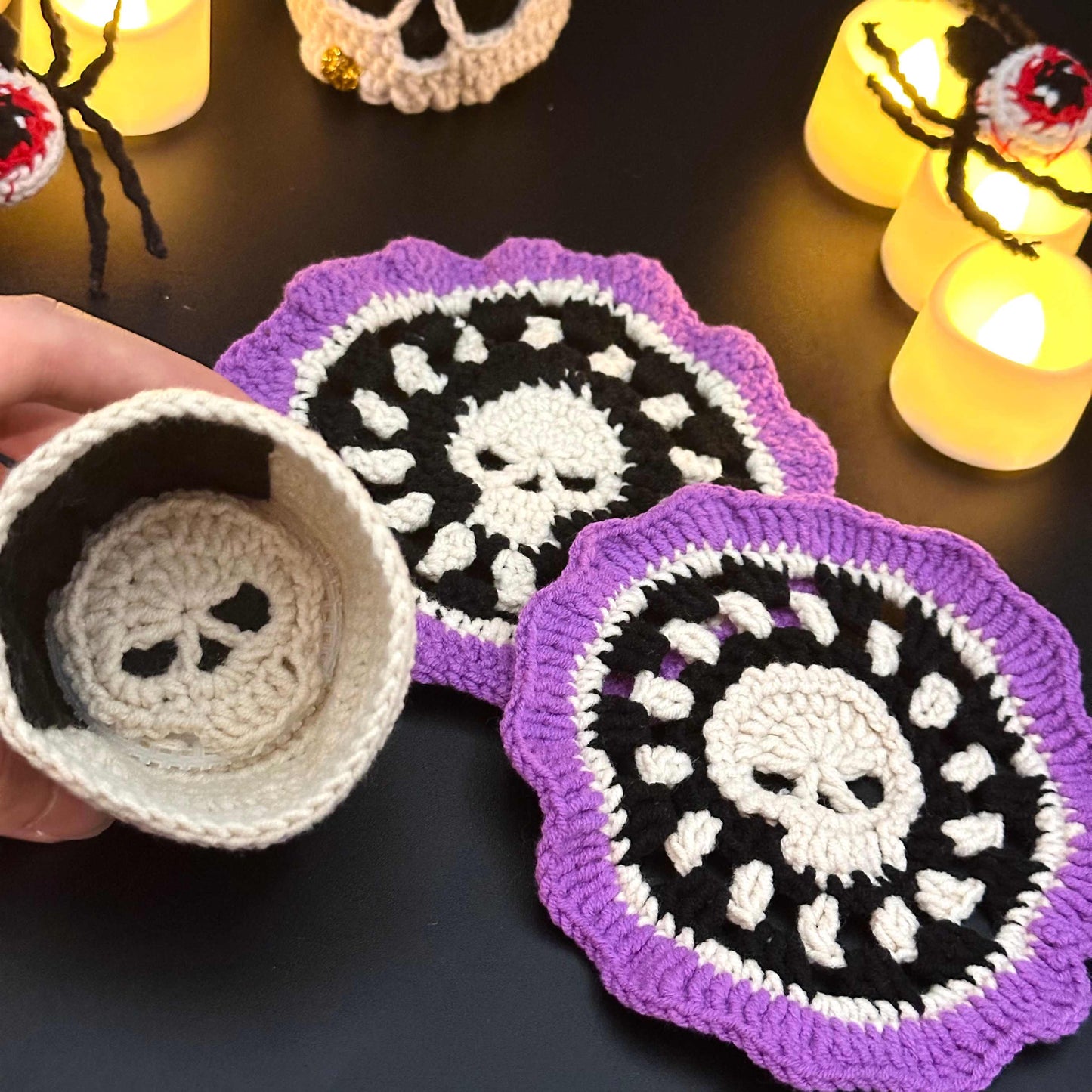 Handmade Halloween Skull Candle Holder with Brain Lid and Crochet Skull Coasters