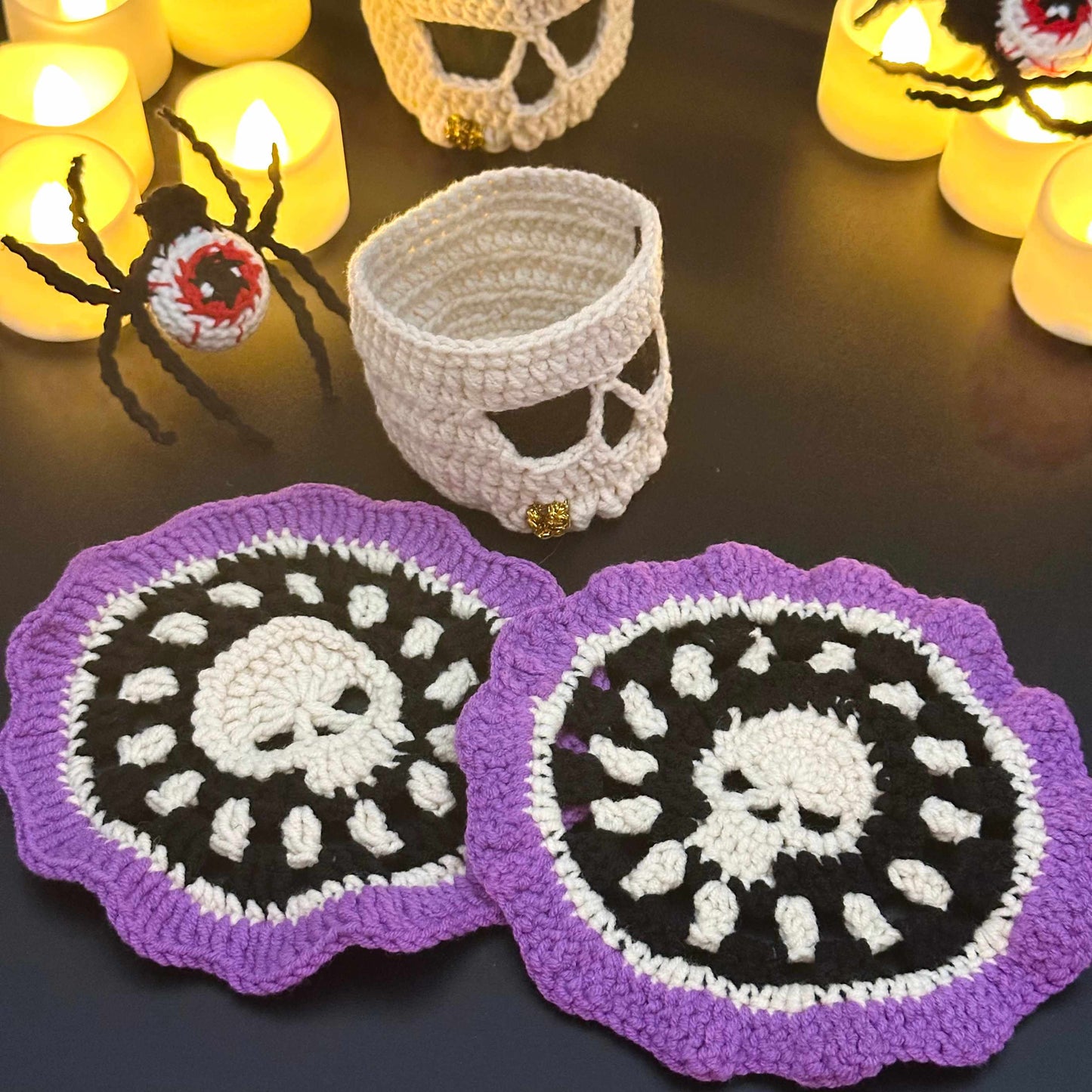 Handmade Halloween Skull Candle Holder with Brain Lid and Crochet Skull Coasters