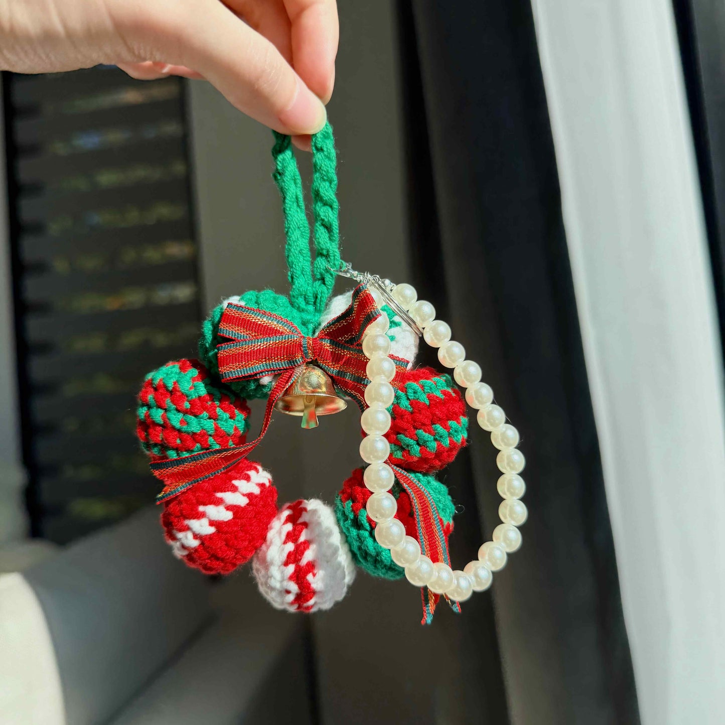 Crochet Christmas Wreath Ornament with Bell,