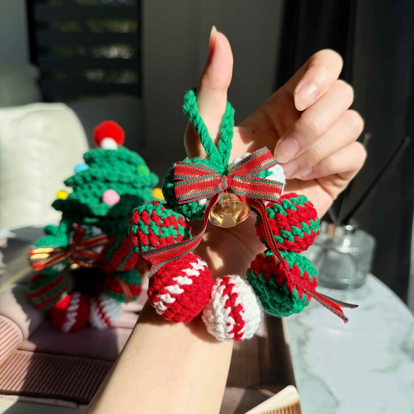 Crochet Christmas Wreath Ornament with Bell,