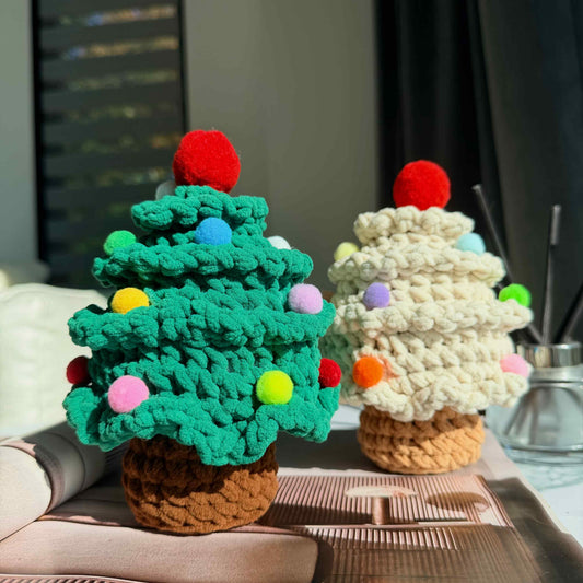 Crochet Velvet Christmas Tree Decor with Pom Poms