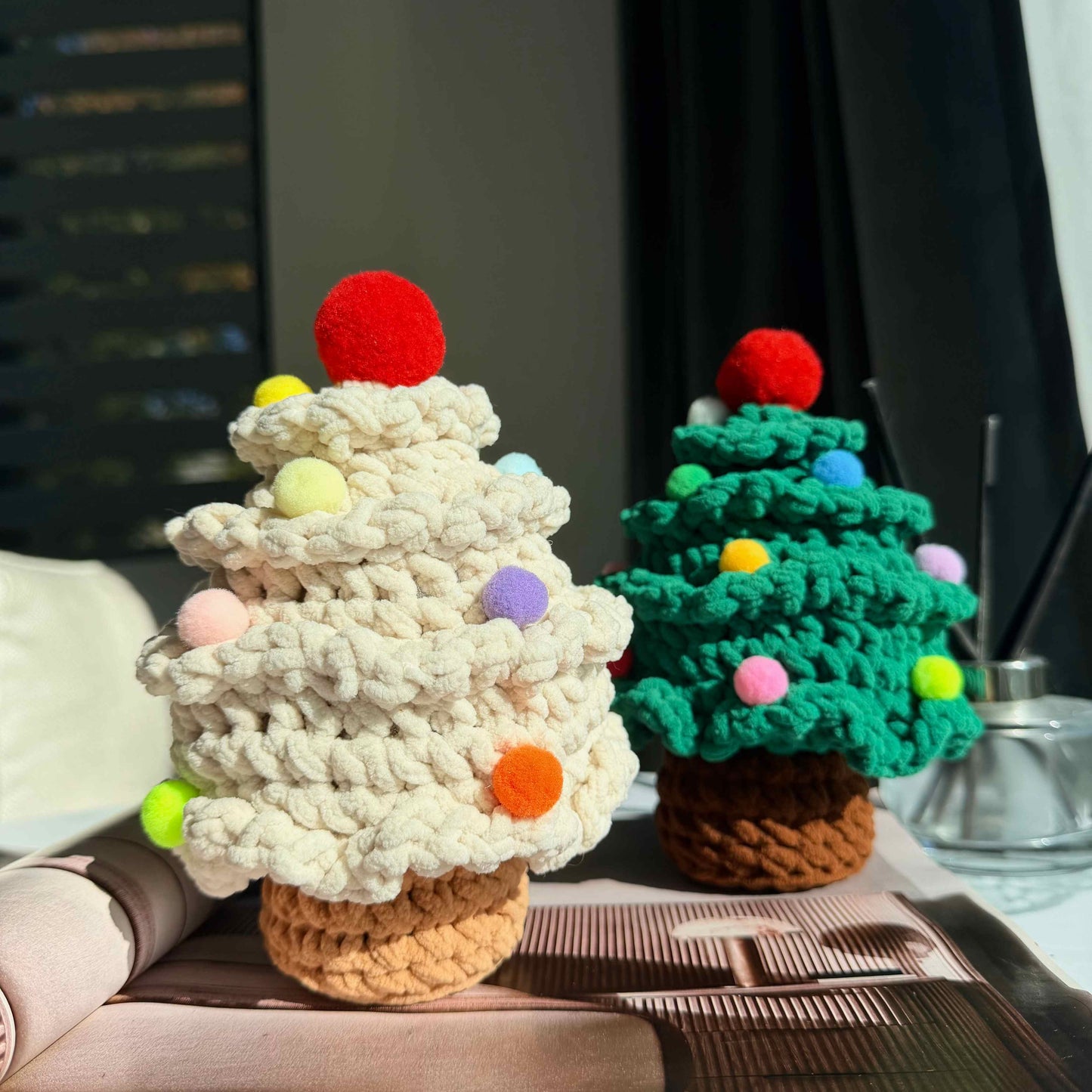 Crochet Velvet Christmas Tree Decor with Pom Poms