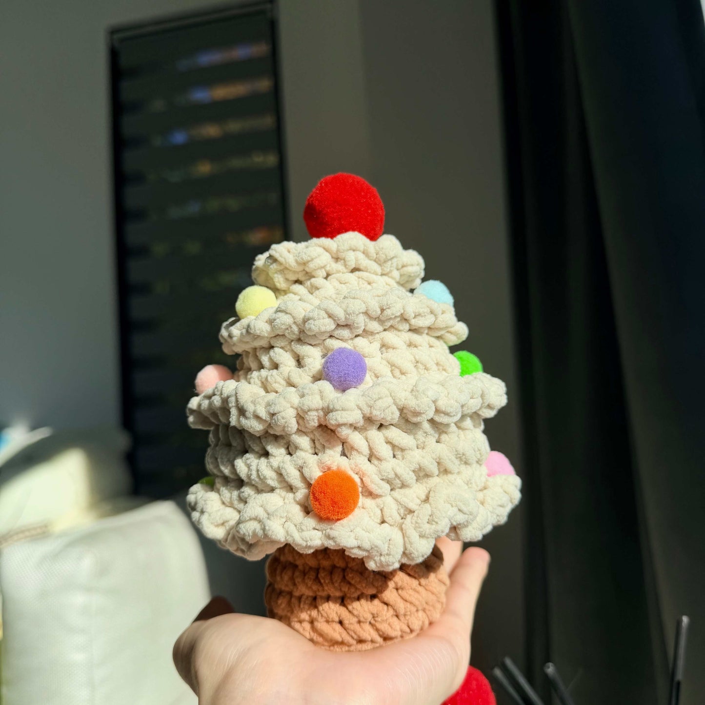 Crochet Velvet Christmas Tree Decor with Pom Poms