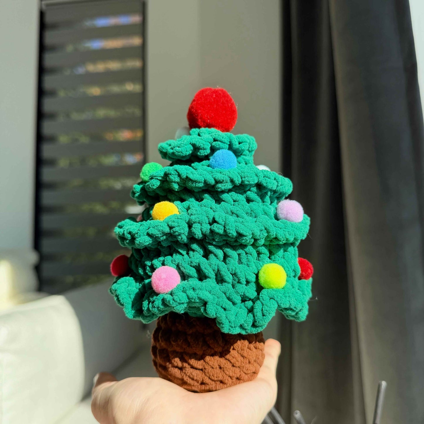 Crochet Velvet Christmas Tree Decor with Pom Poms