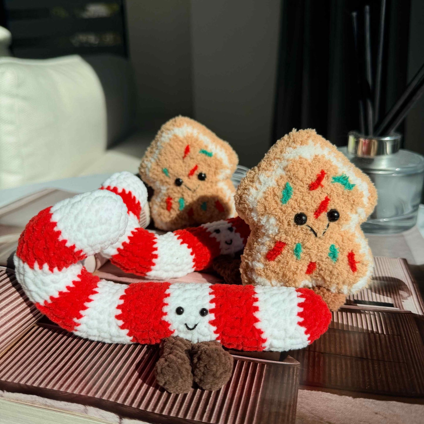 Crochet Christmas Ornament, Plush Gingerbread, Candy Cane Keychain