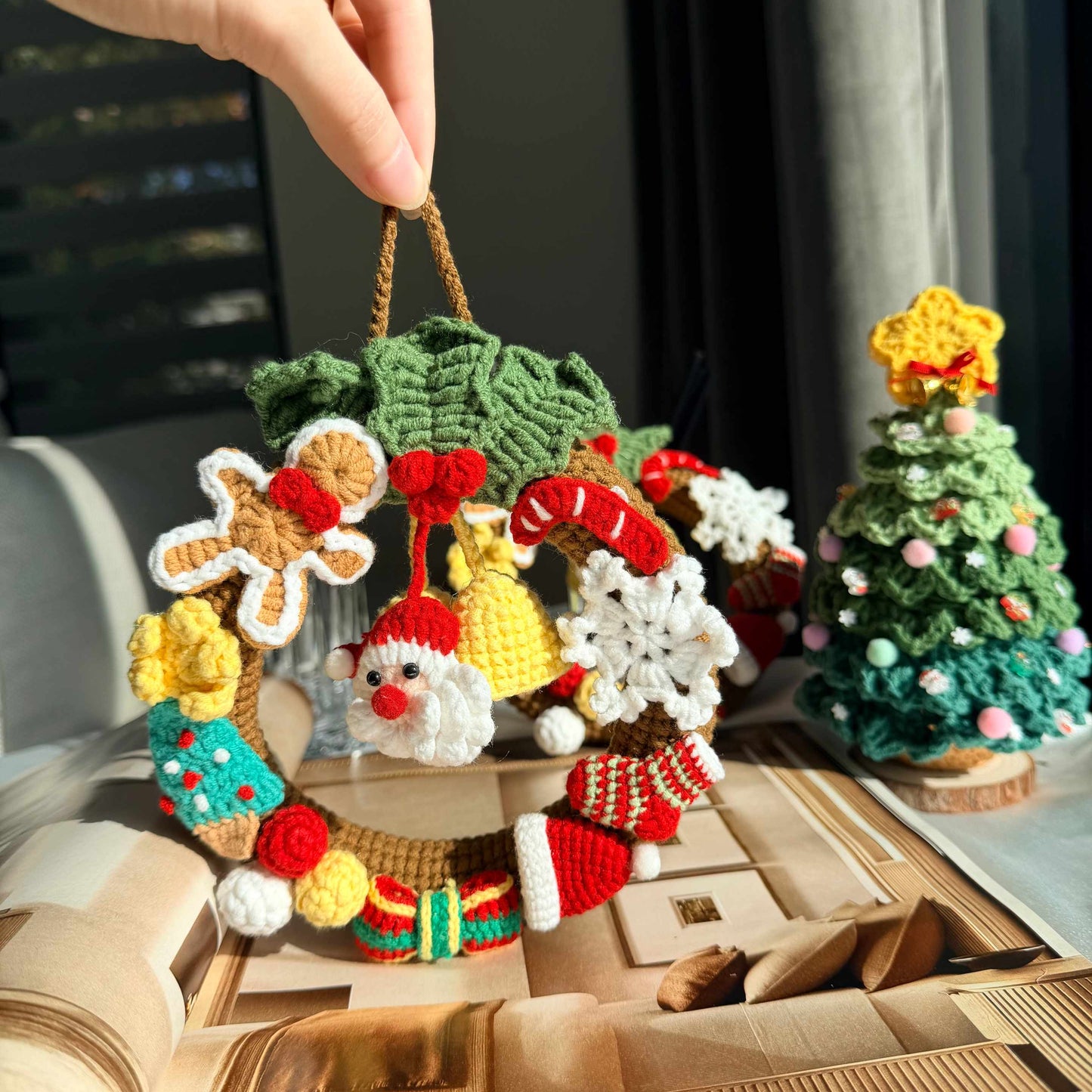 Crochet Christmas Wreath with Santa Gingerbread Snowflake Candy Cane