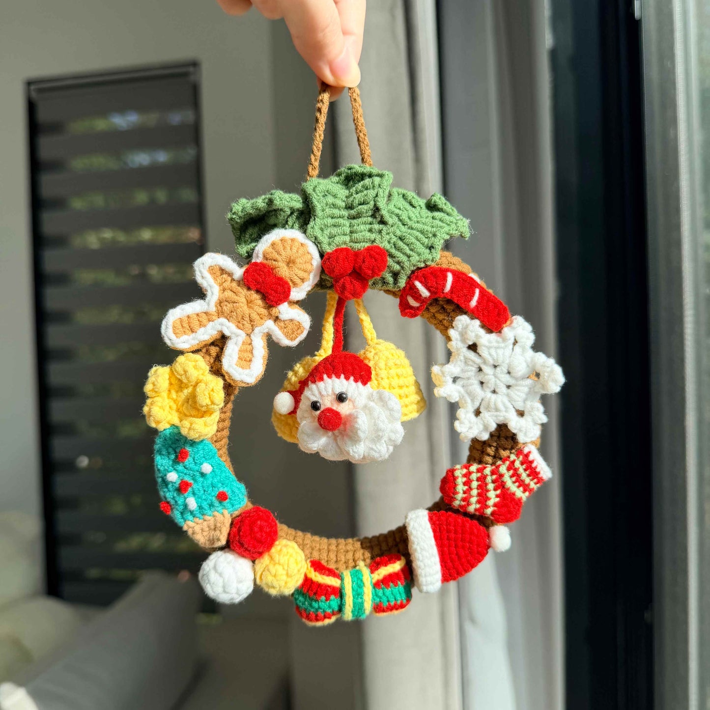 Crochet Christmas Wreath with Santa Gingerbread Snowflake Candy Cane