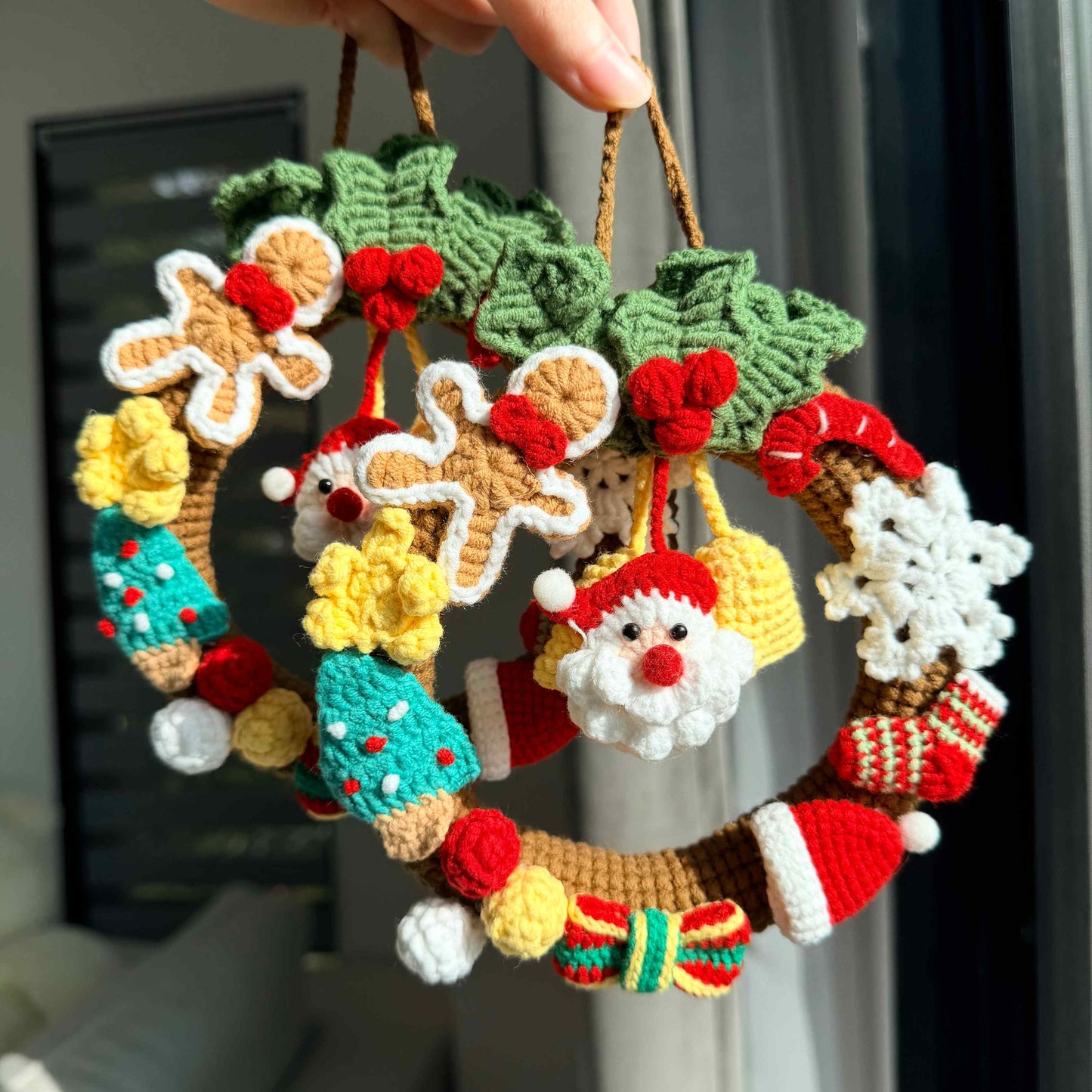 Crochet Christmas Wreath with Santa Gingerbread Snowflake Candy Cane