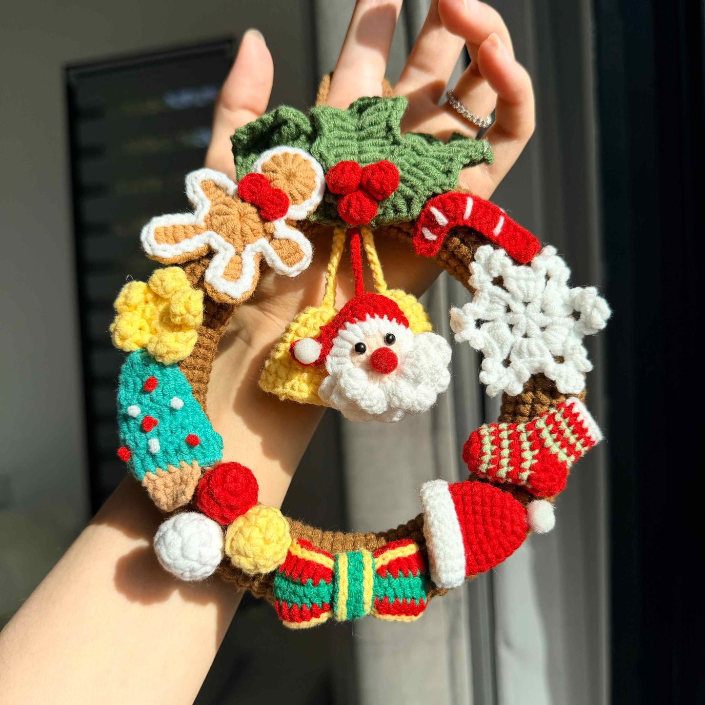 Crochet Christmas Wreath with Santa Gingerbread Snowflake Candy Cane