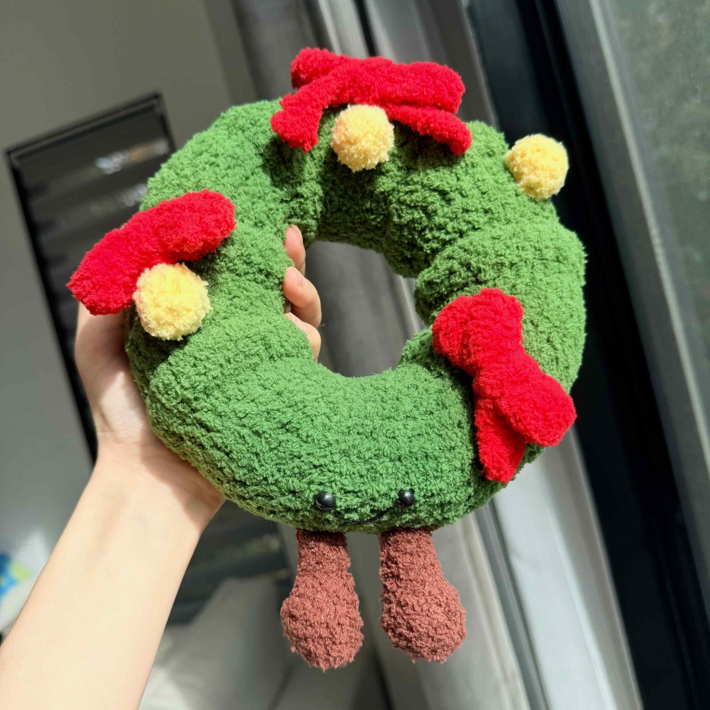 Crochet Christmas Wreath Plushie, Chenille Ornament Decor