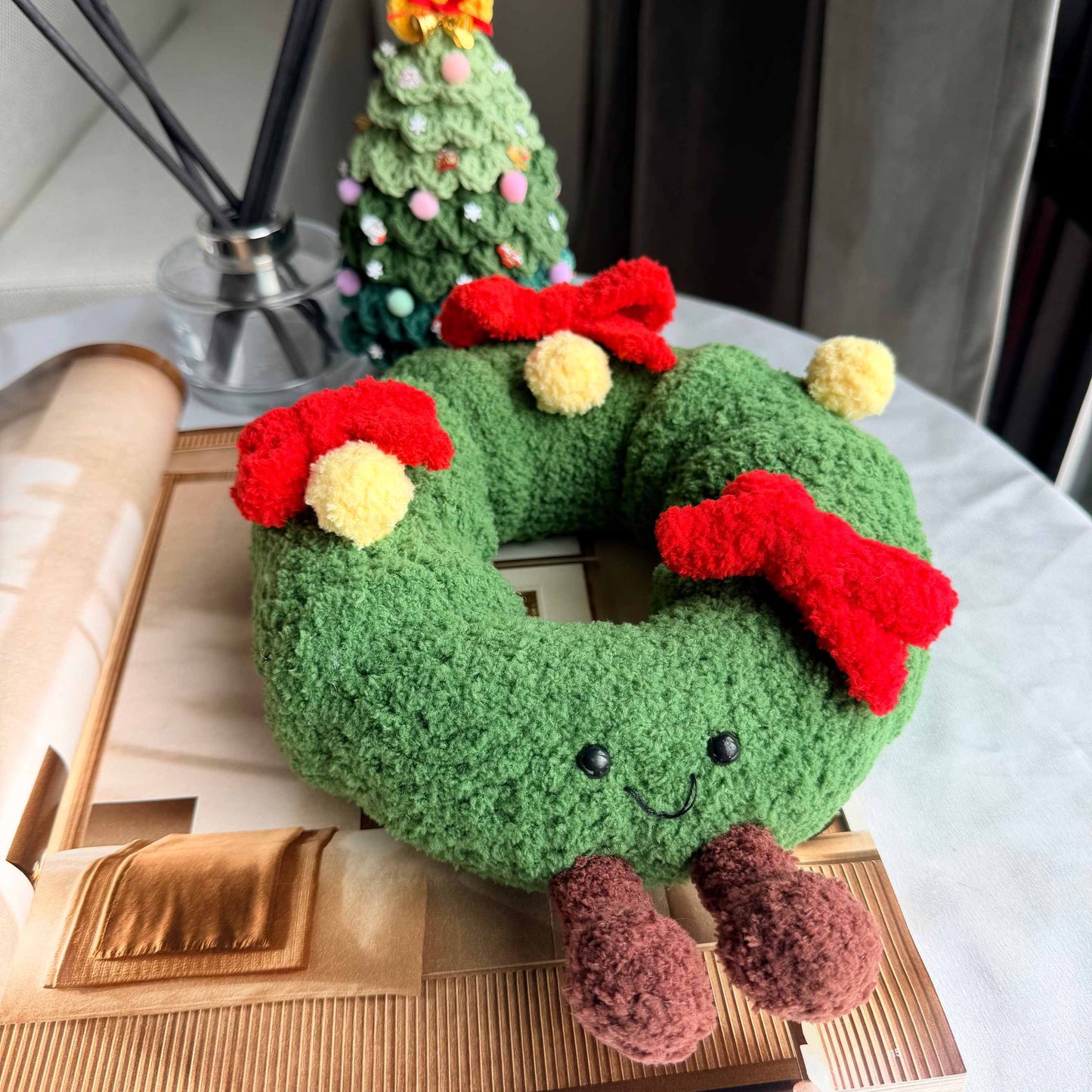 Crochet Christmas Wreath Plushie, Chenille Ornament Decor