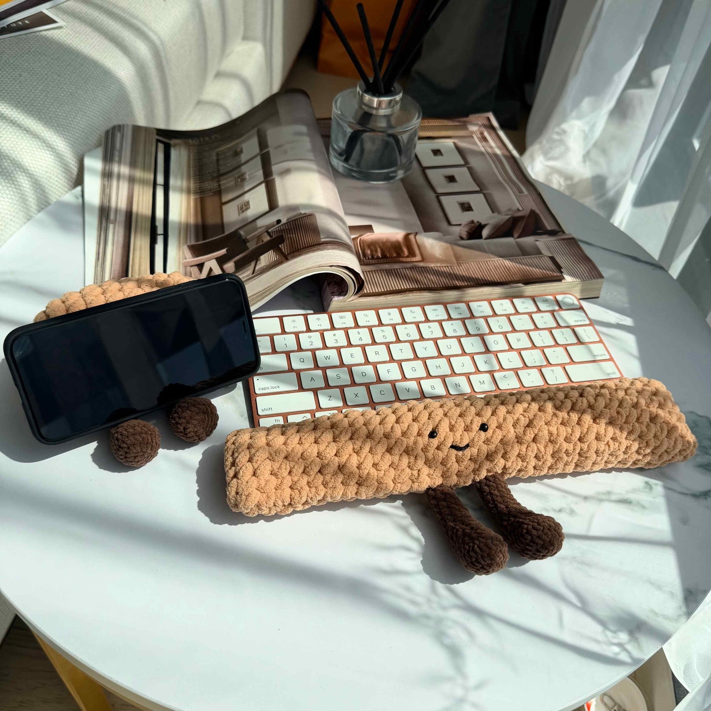 Crochet Keyboard Wrist Rest & Mini Plush Phone Stand Desk Set