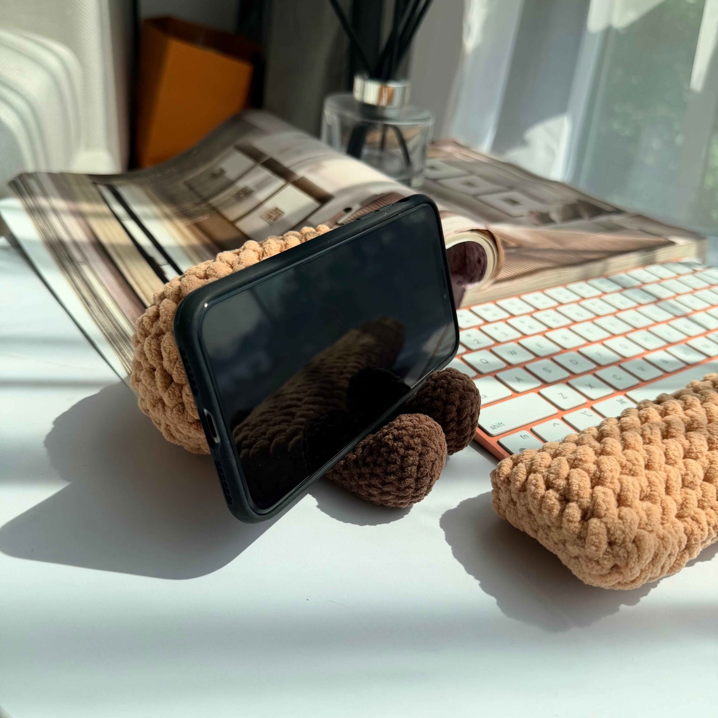 Crochet Keyboard Wrist Rest & Mini Plush Phone Stand Desk Set
