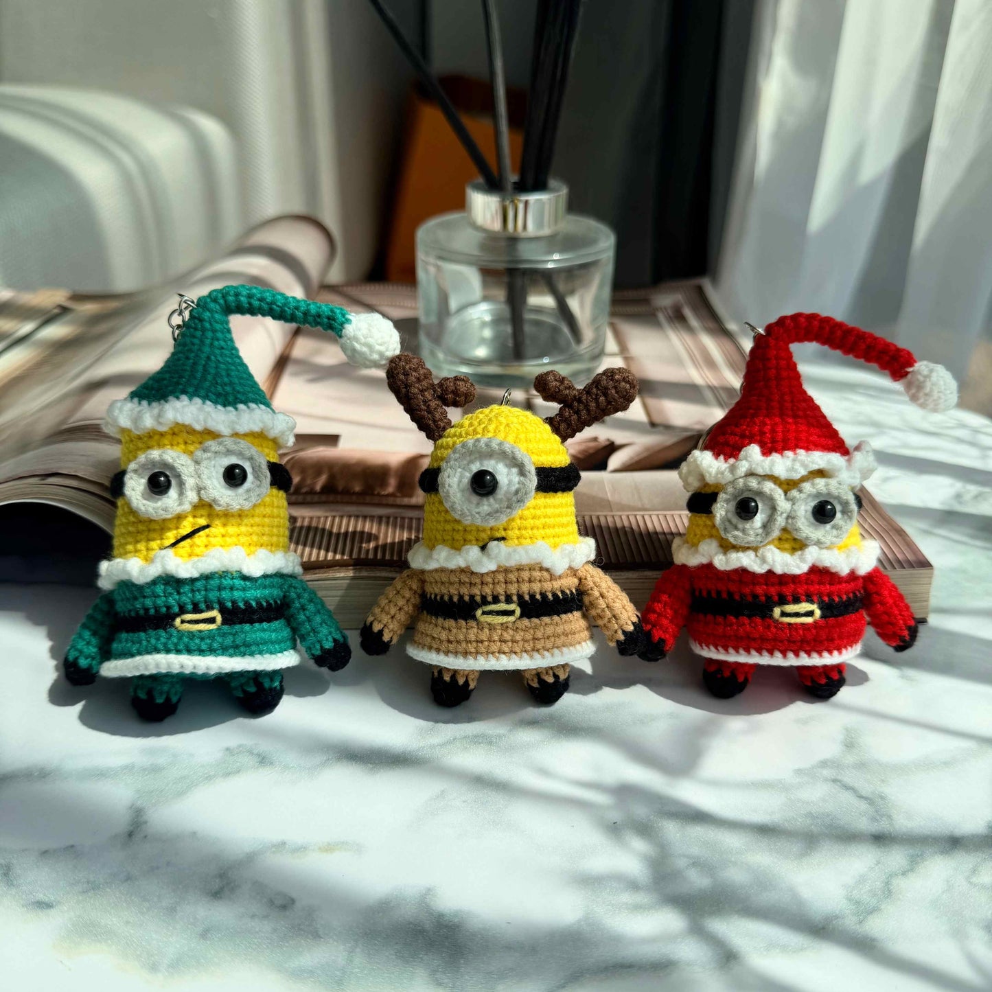 Crochet Holiday Yellow Character Keychain Bag Charm - Santa Reindeer Elf Accessory