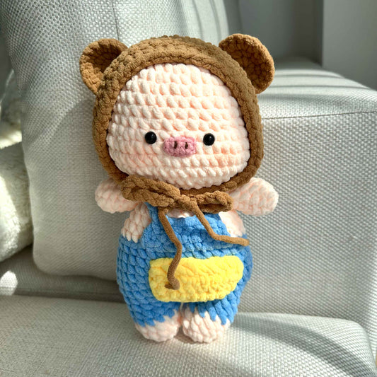 Handmade Crochet Pig Plush in Bear Hoodie