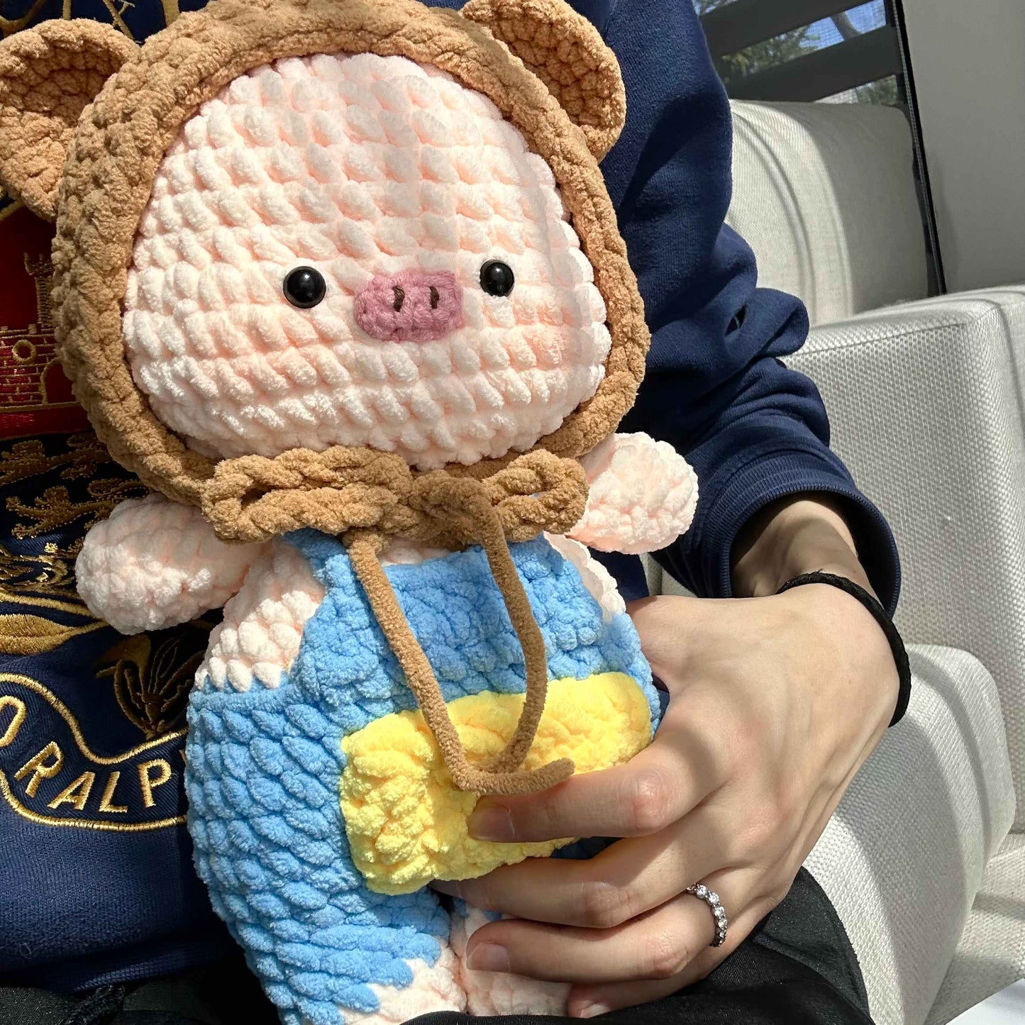 Handmade Crochet Pig Plush in Bear Hoodie