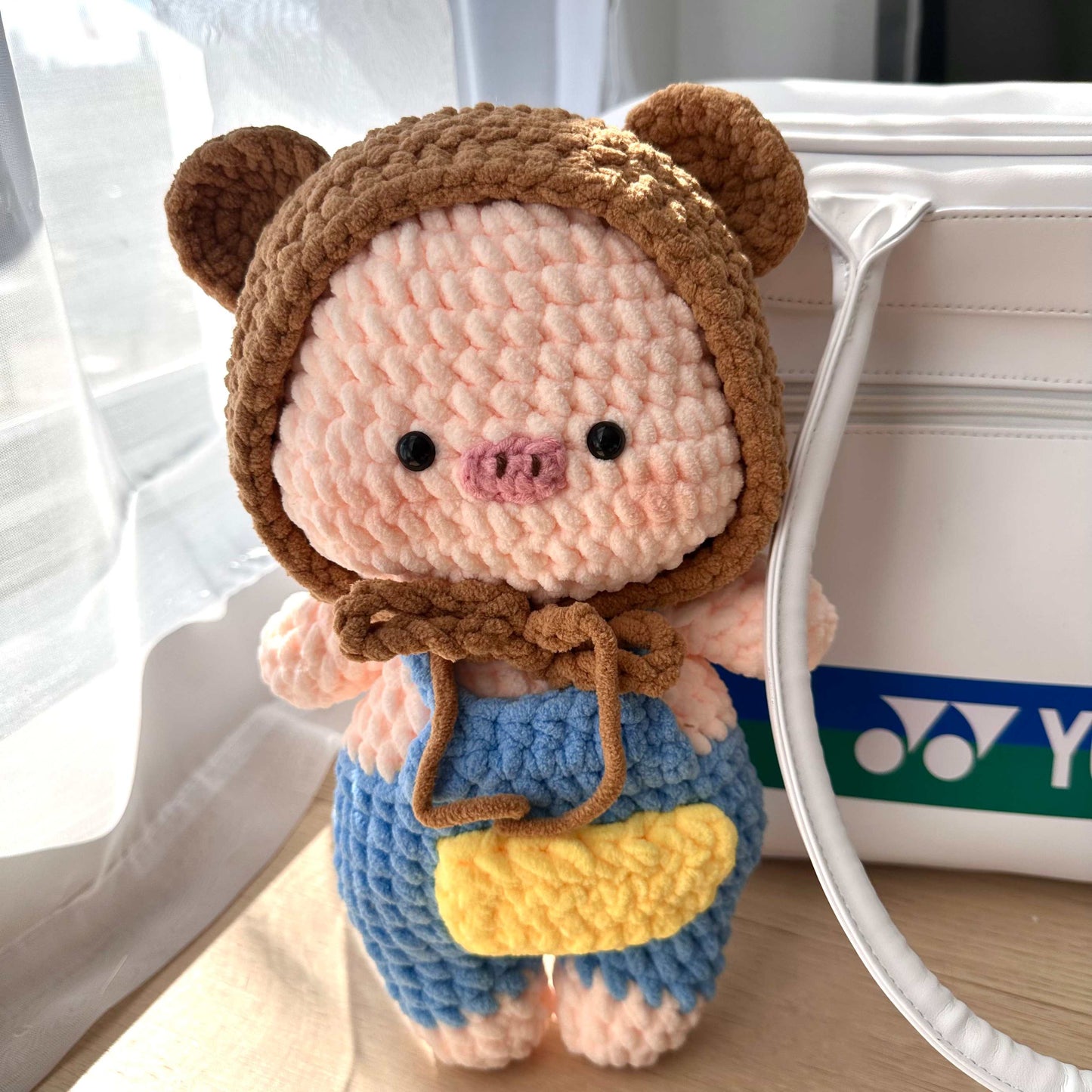 Handmade Crochet Pig Plush in Bear Hoodie