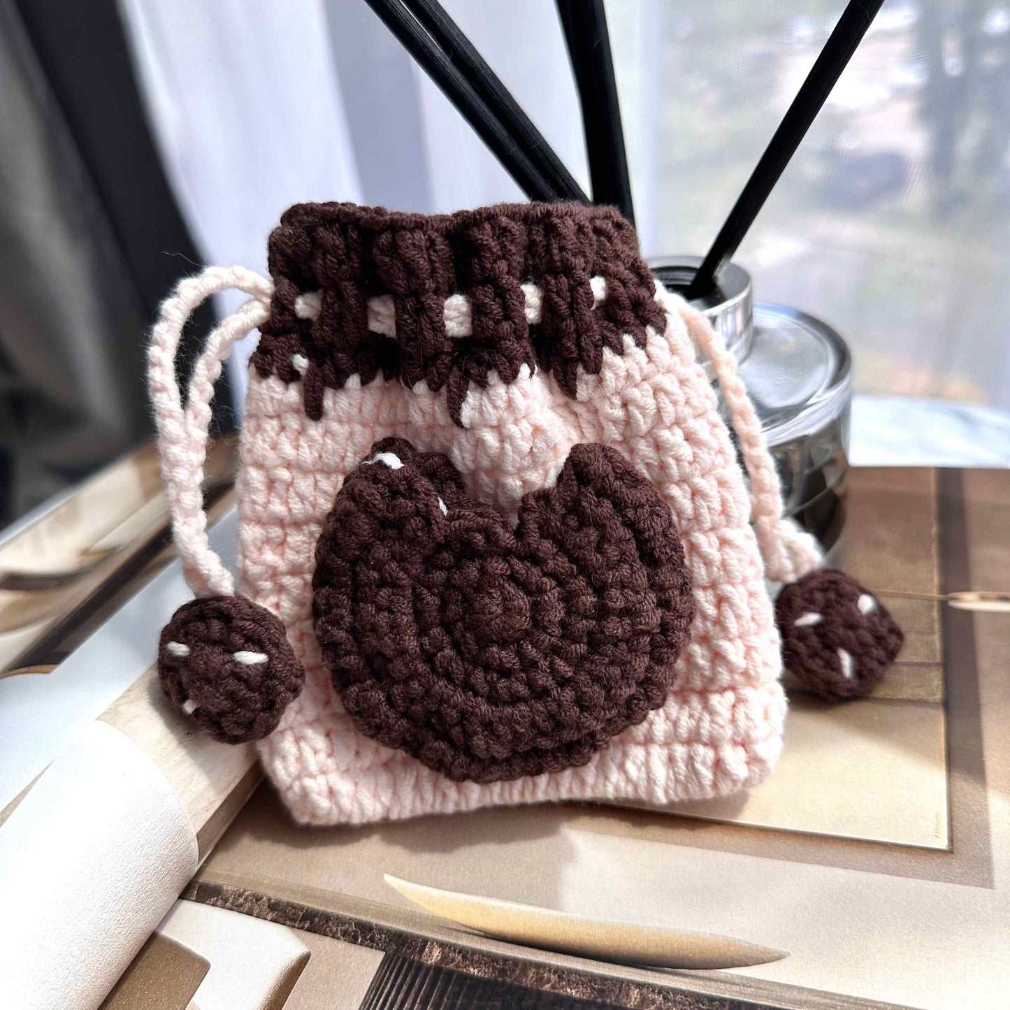 Crochet Cookie Drawstring Bag Coin Purse