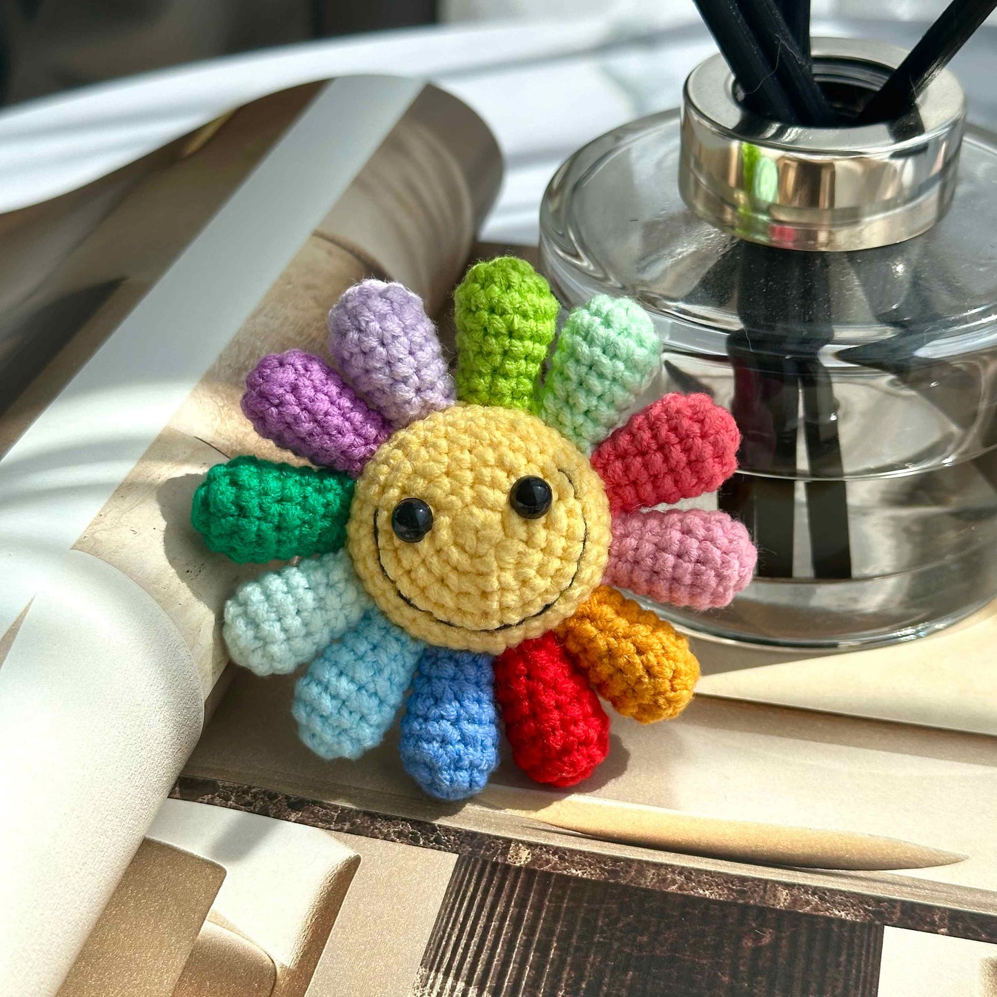 Handmade Crochet Rainbow Smiley Flower Plushie
