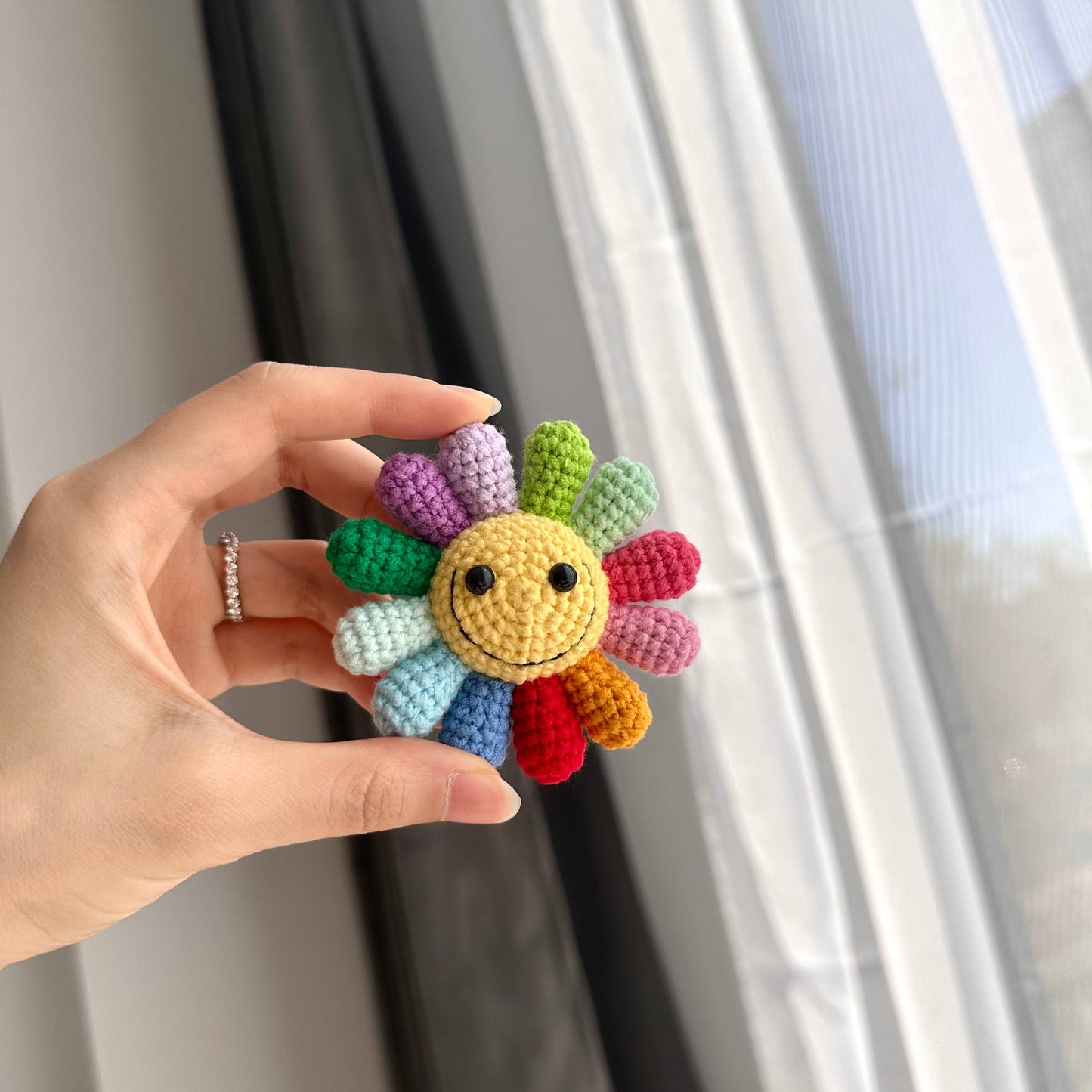 Handmade Crochet Rainbow Smiley Flower Plushie