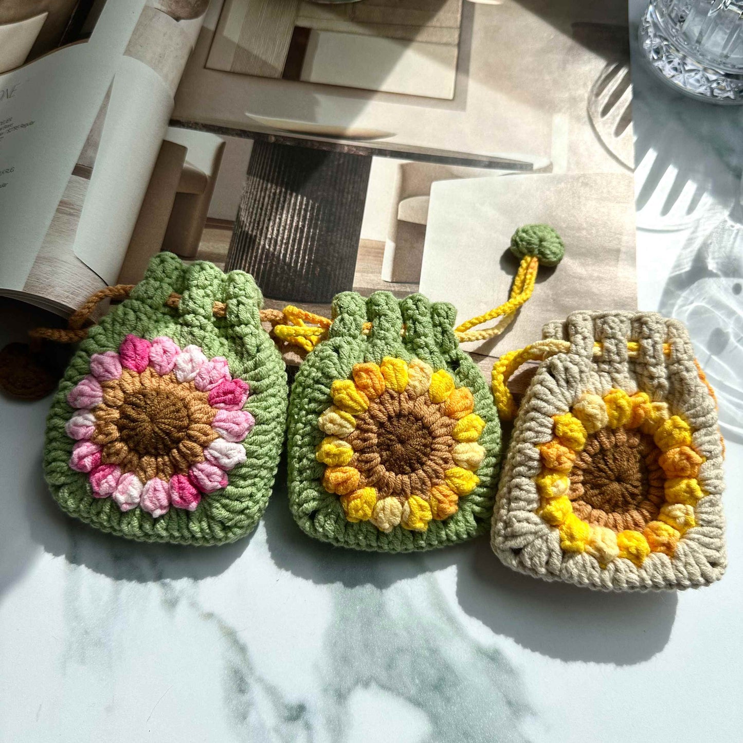 Crochet Sunflower Pouch - Handmade Cotton Drawstring Mini Bag