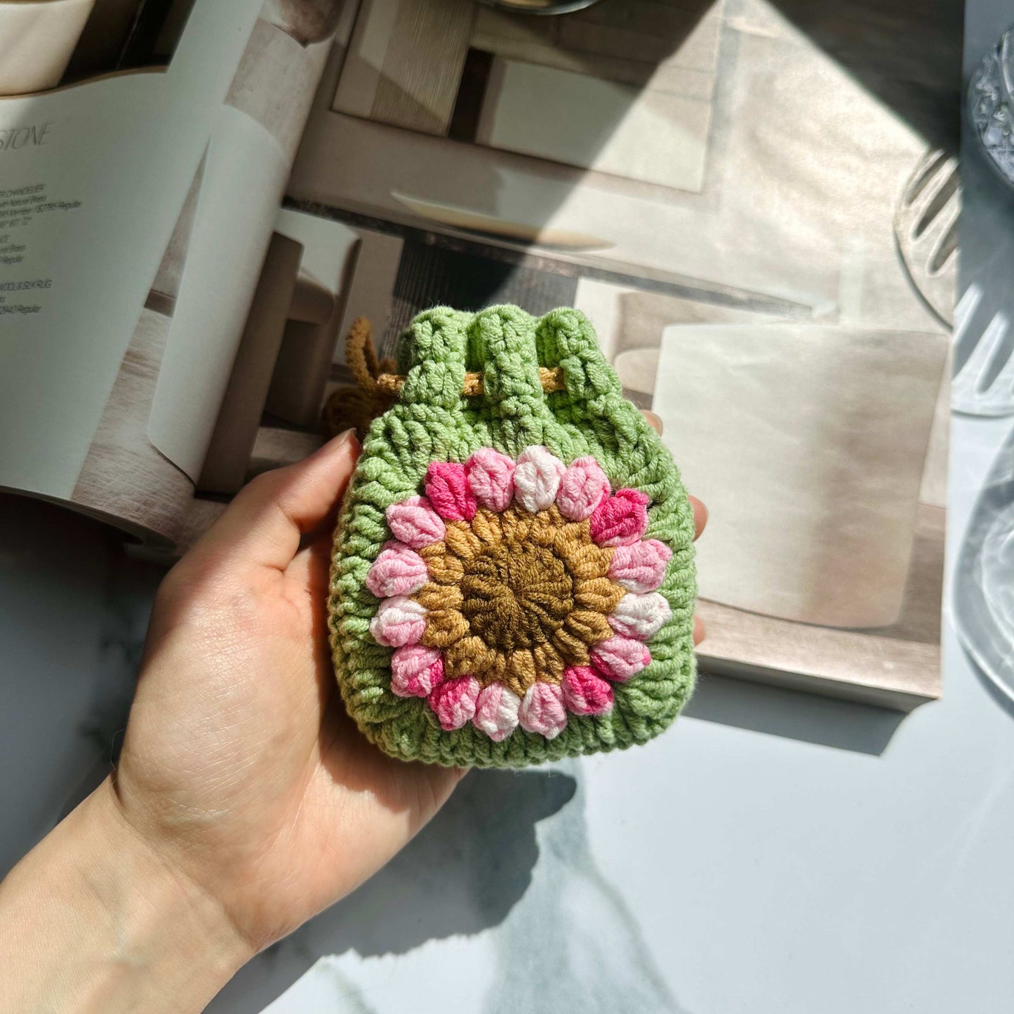 Crochet Sunflower Pouch - Handmade Cotton Drawstring Mini Bag