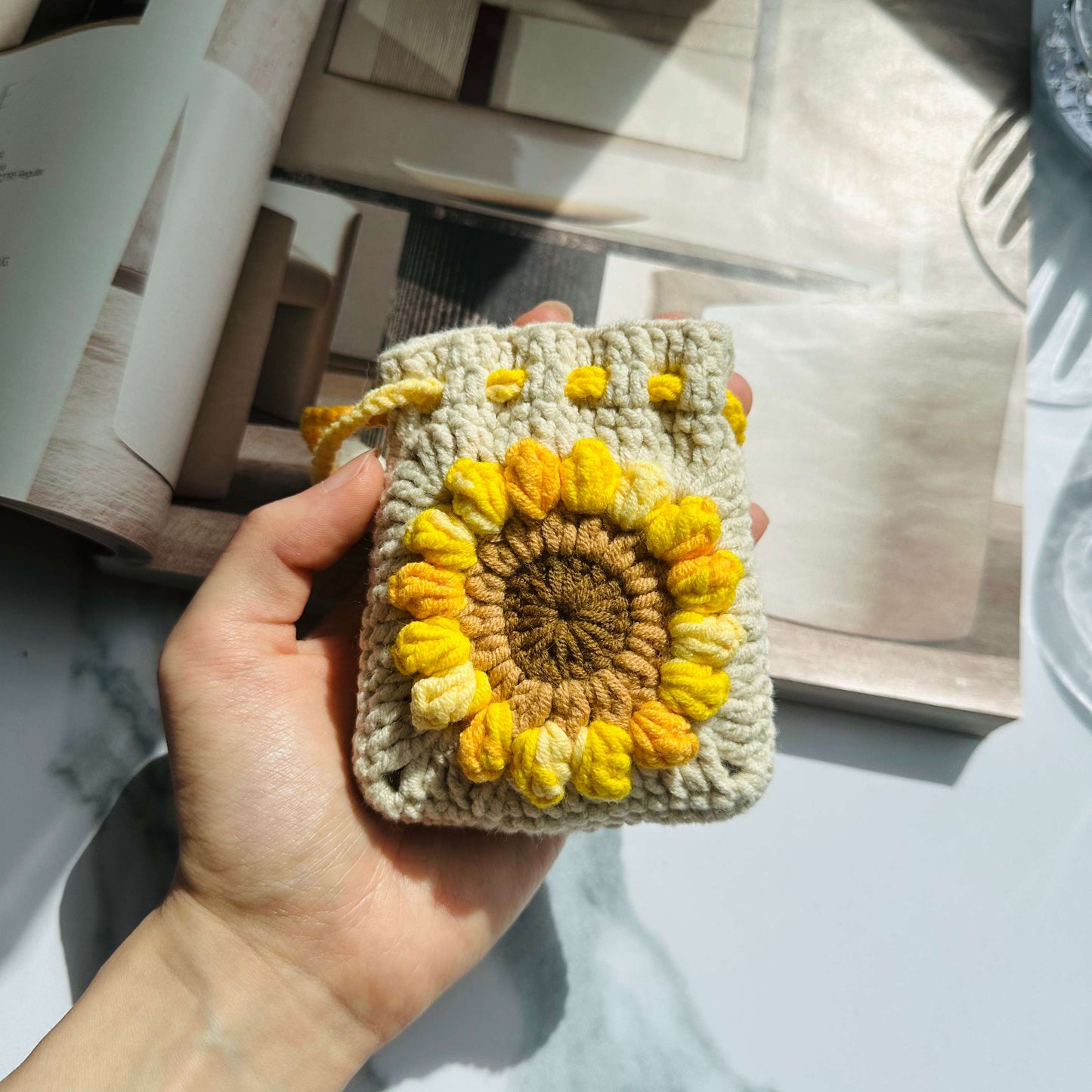 Crochet Sunflower Pouch - Handmade Cotton Drawstring Mini Bag