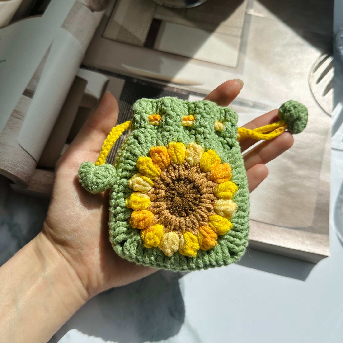 Crochet Sunflower Pouch - Handmade Cotton Drawstring Mini Bag