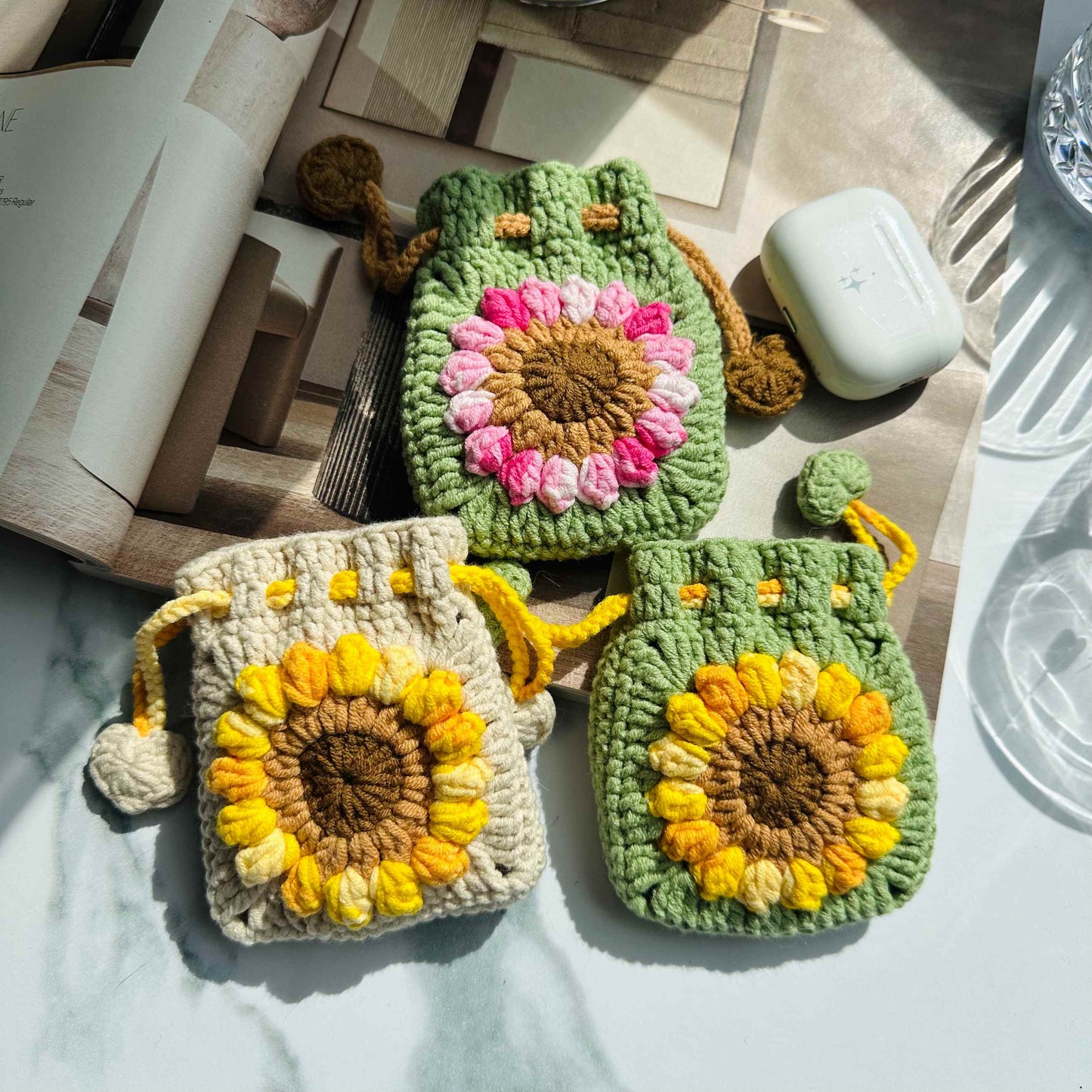 Crochet Sunflower Pouch - Handmade Cotton Drawstring Mini Bag