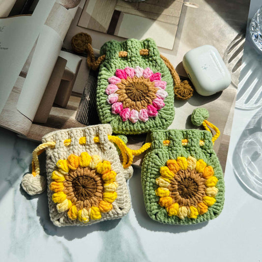 Crochet Sunflower Pouch - Handmade Cotton Drawstring Mini Bag