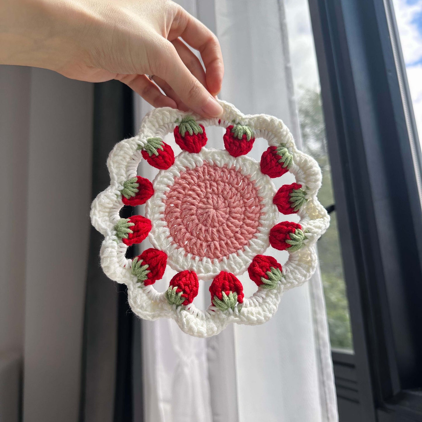 Strawberry Crochet Coaster Boho Home Decor