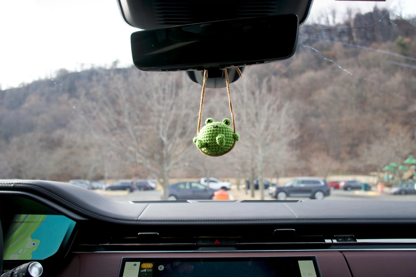 Handmade Crochet Frog Car Charm | Swinging Rearview Mirror Decor