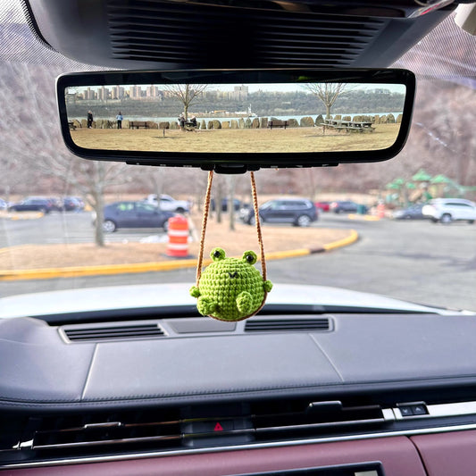 Handmade Crochet Frog Car Charm | Swinging Rearview Mirror Decor