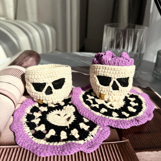 Handmade Halloween Skull Candle Holder with Brain Lid and Crochet Skull Coasters