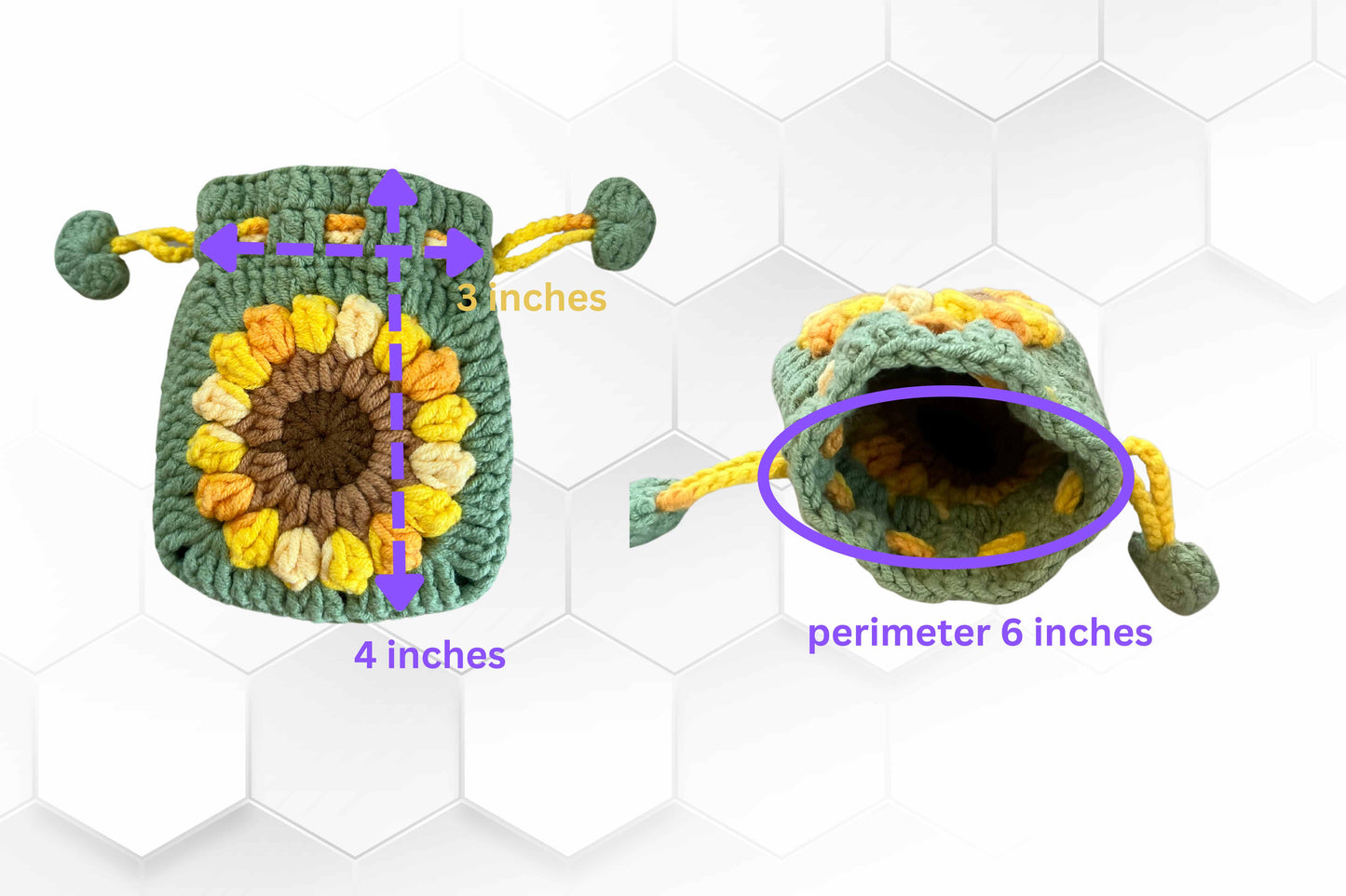 Crochet Sunflower Pouch - Handmade Cotton Drawstring Mini Bag